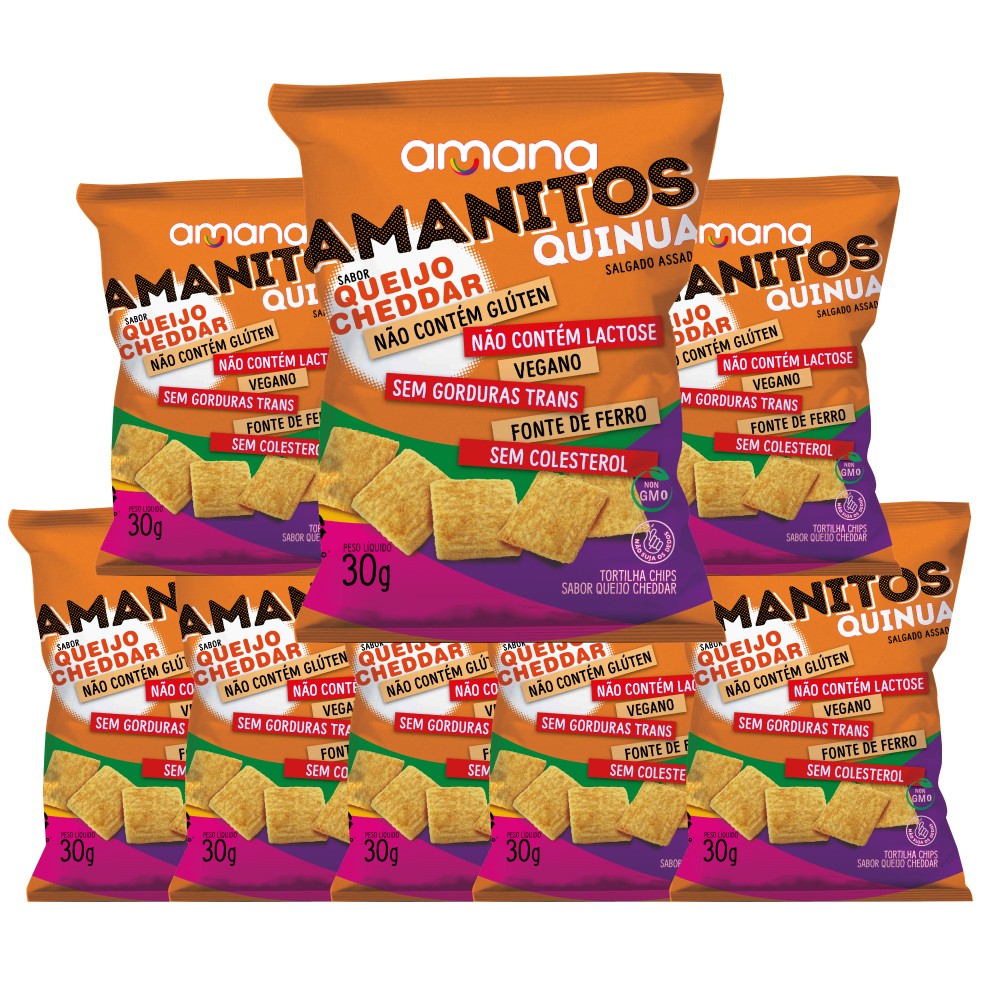 Pack com 8 pacotes de Amanitos Quinua sabor queijo cheddar