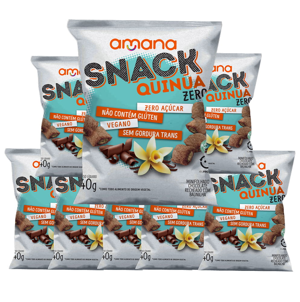 Pack com 8 pacotes de Snack de Quinua Zero Açúcar com cacau recheado de baunilha
