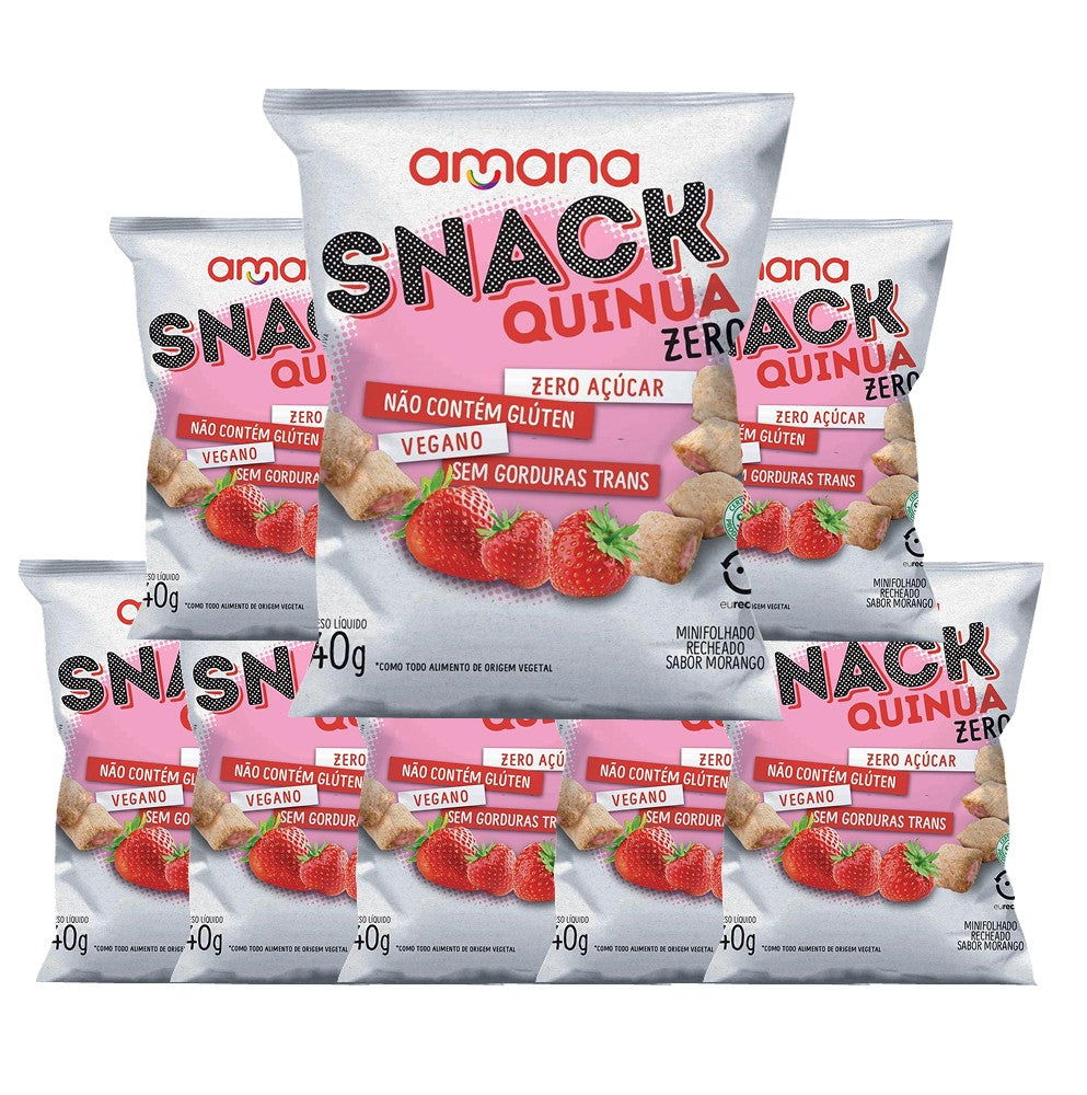 Pack com 8 pacotes de Snack de Quinua Zero Açúcar recheado de morango