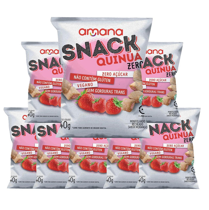 Pack com 8 pacotes de Snack de Quinua Zero Açúcar recheado de morango